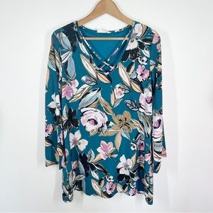 Peach Love Teal Floral Shift Mini Dress Medium